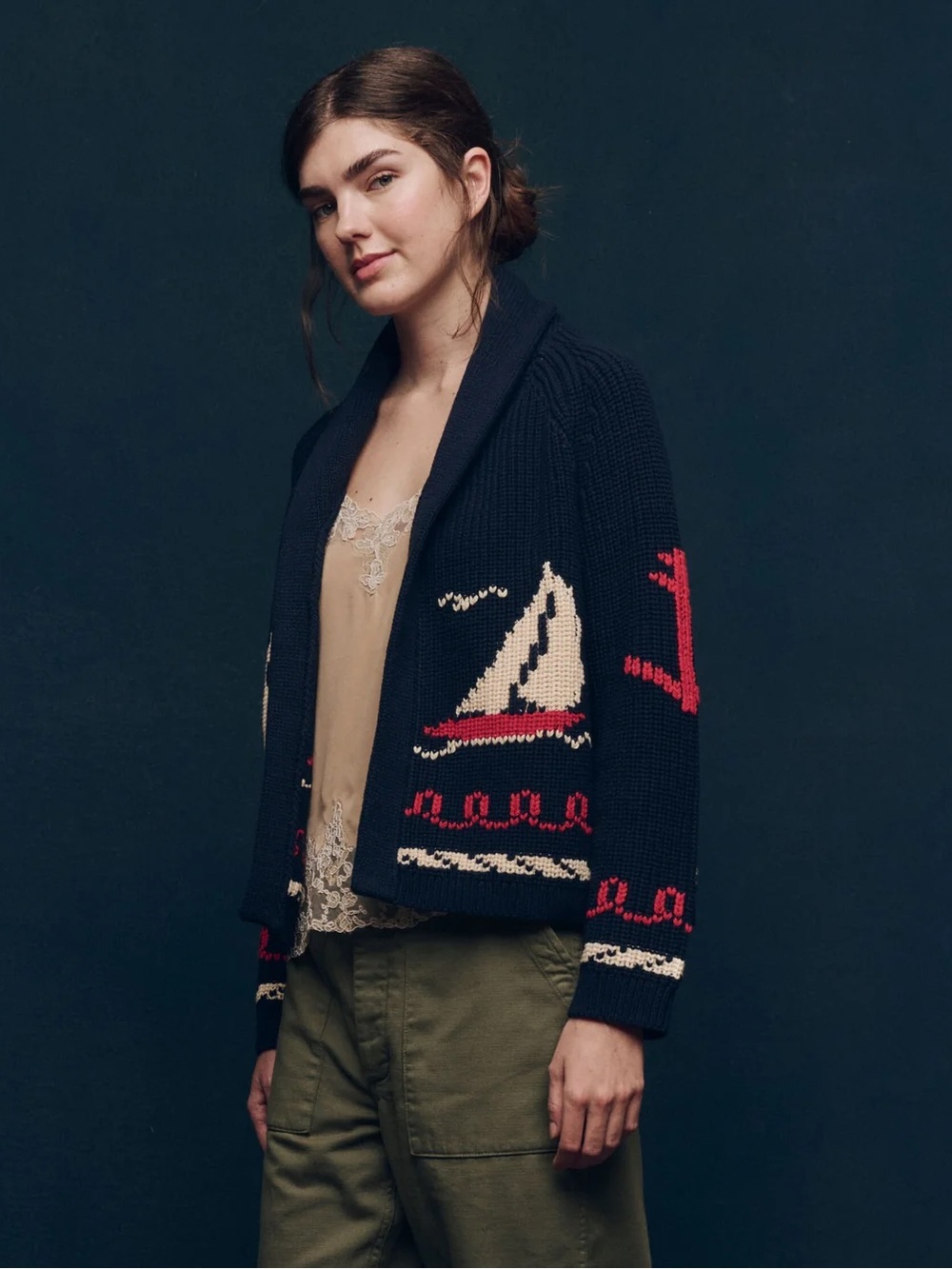 THE GREAT. Navy Cardigan with Cream and Red Sailboat Intarsia lodge - Picture 4 of 6